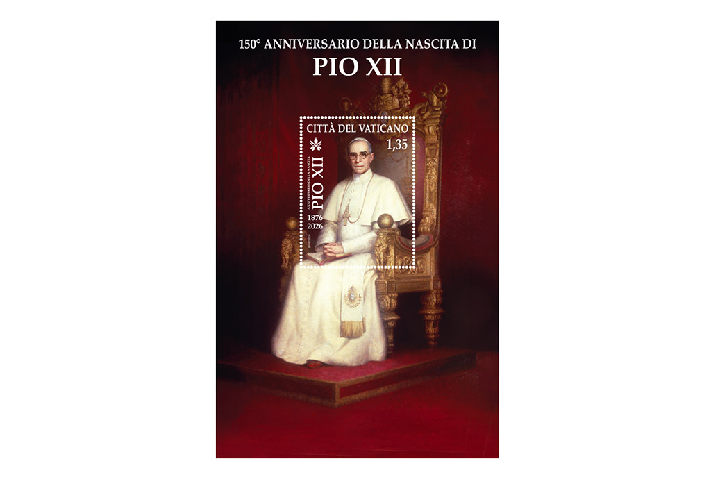 Foglietto e annullo postale speciale die emissionis  150° anniversario della nascita di Pio XII