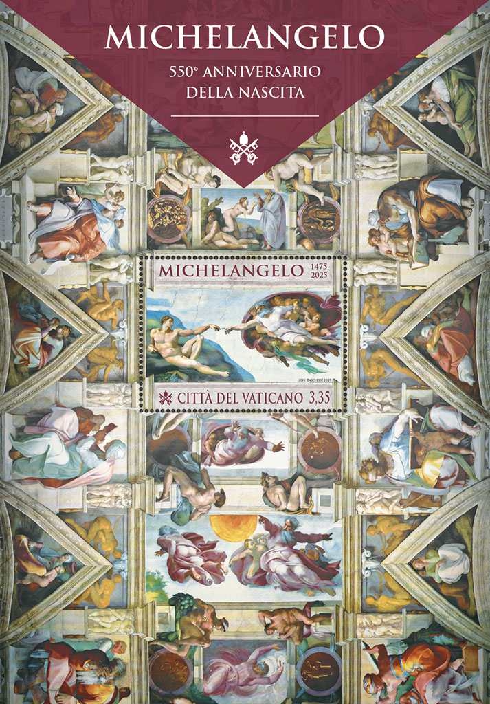 Foglietto e annullo postale speciale die emissionis 550° anniversario della nascita di Michelangelo