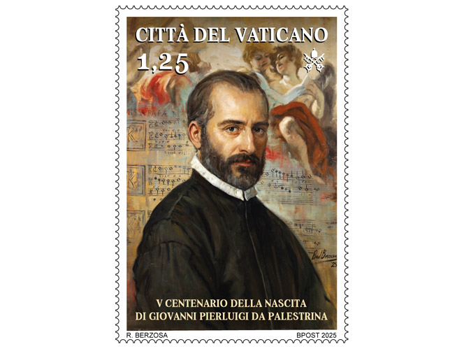 Francobollo, annullo postale speciale die emissionis e cd musicale V centenario della nascita di Giovanni Pierluigi da Palestrina