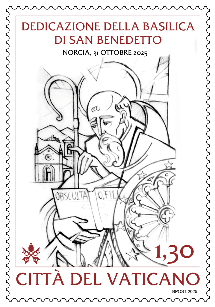 Francobollo e annullo postale speciale die emissionis  Dedicazione della Basilica di San Benedetto a Norcia
